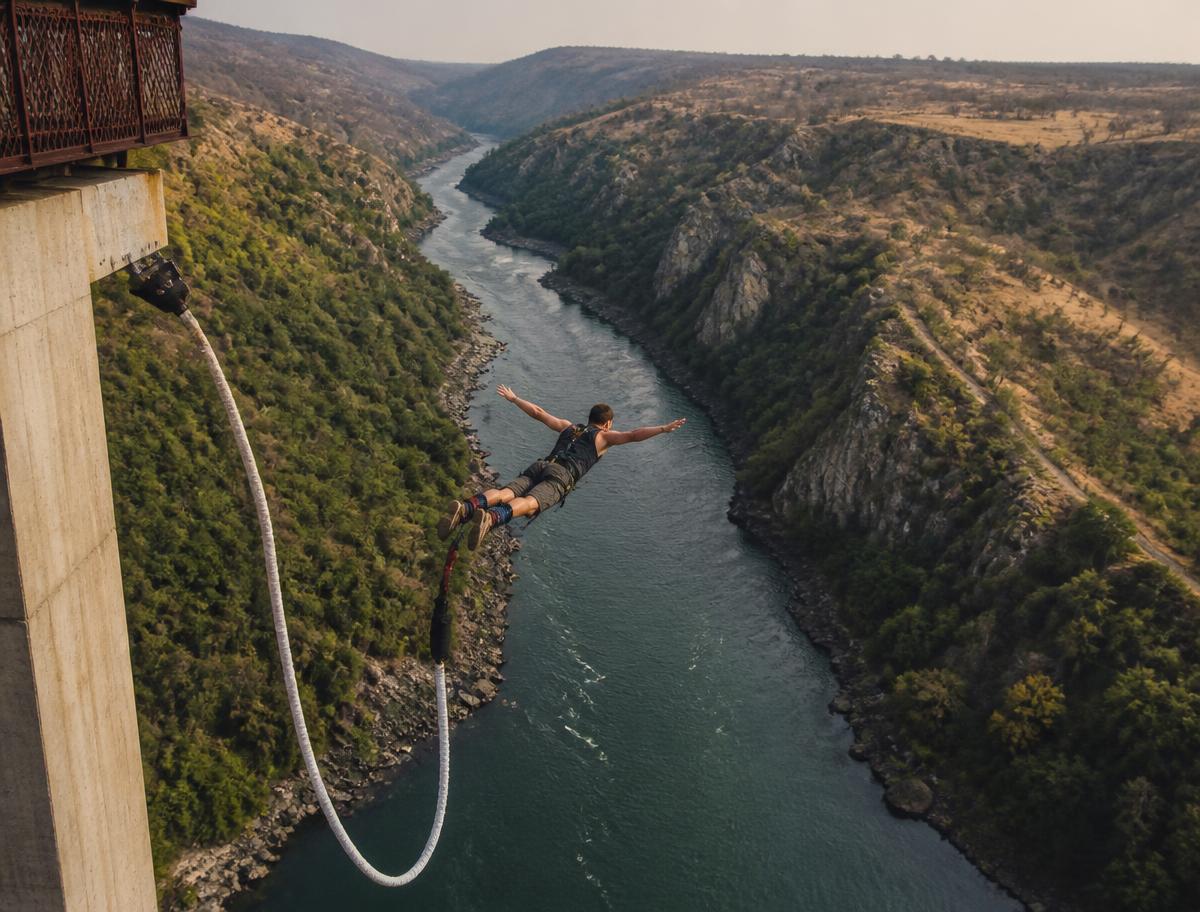 Allen Baker mid-jump in a bungee freefall from a bridge high above a river canyon, arms outstretched