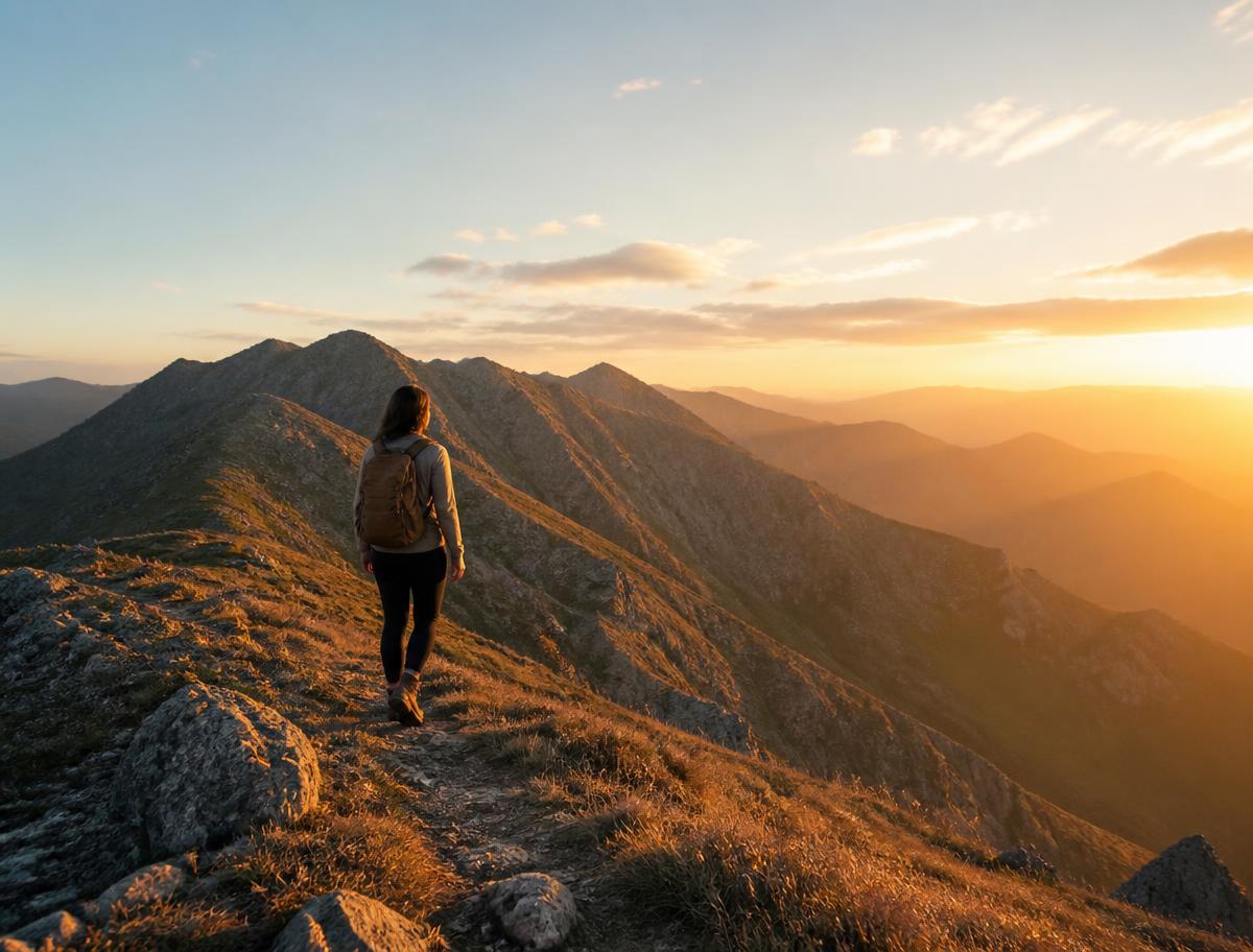 Jane Carter hiking a mountain ridge at golden hour, shot from a distance so her face is not visible