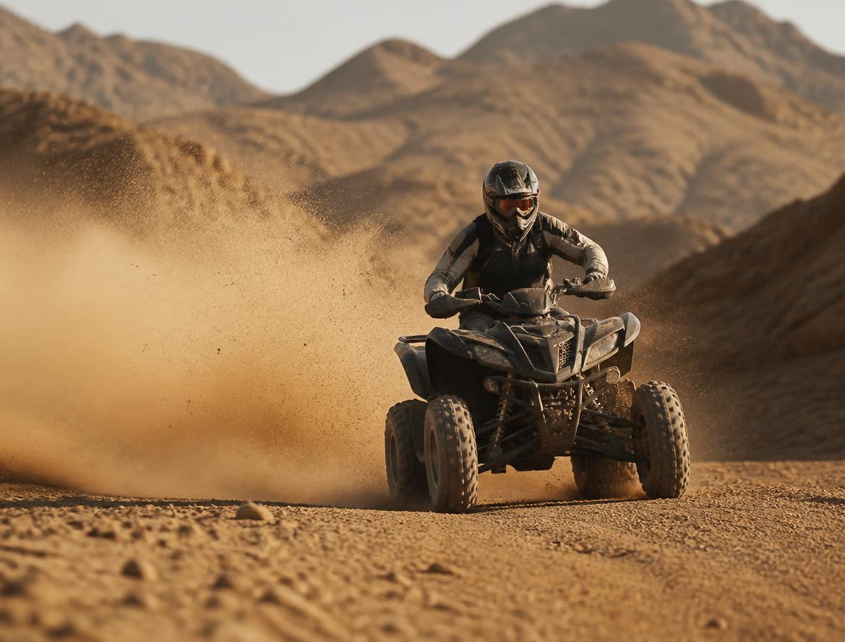 Matt Cohen riding an ATV fast across a dusty desert trail at sunset, helmet and goggles on, dirt spraying behind the rear tires
