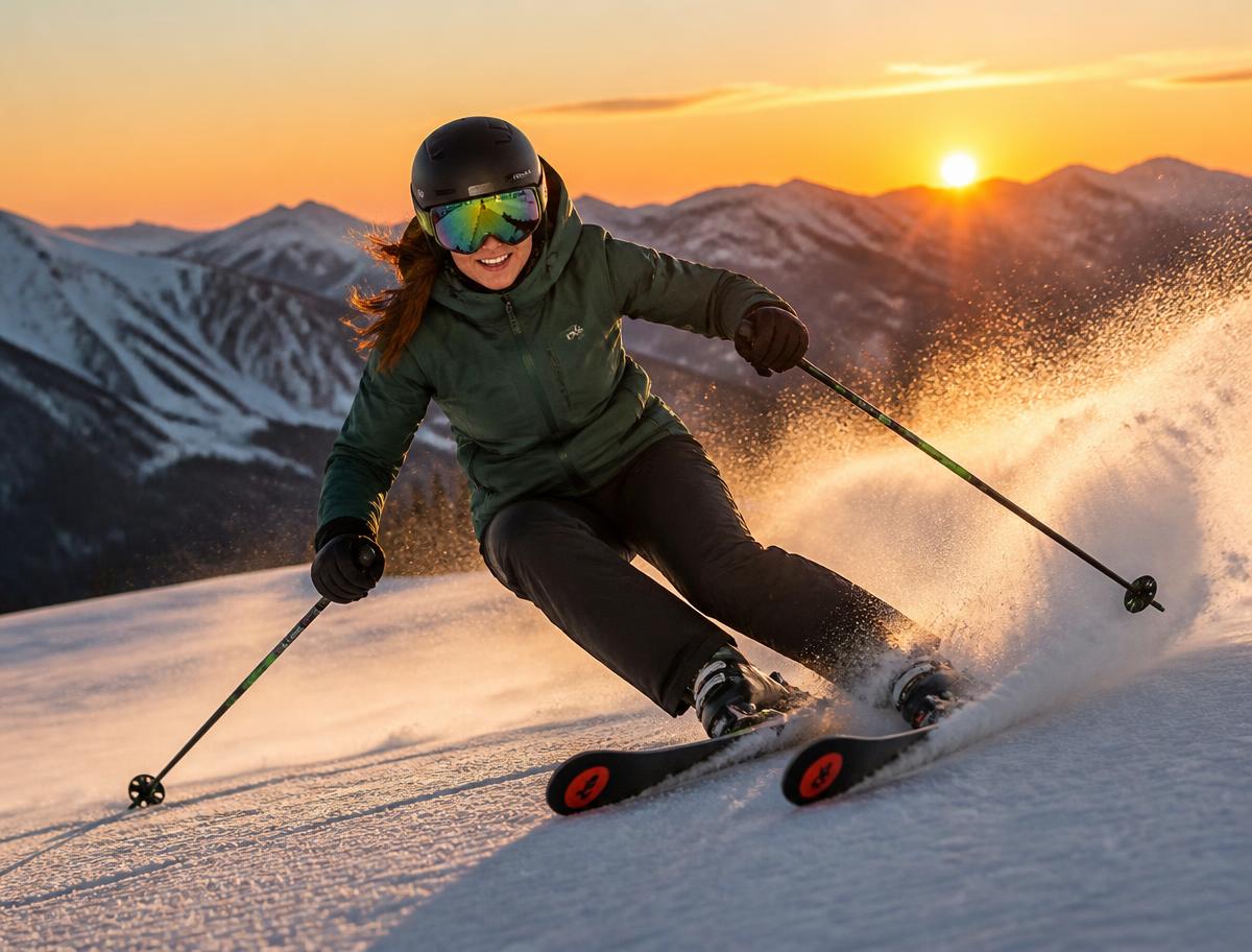 Aurelia Taylor in a green ski jacket carving a turn on an alpine run at sunrise, snow spraying behind her skis