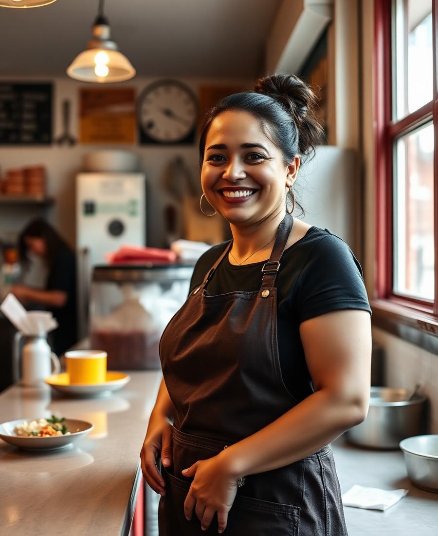 Restaurant owner behind the counter of her neighborhood cafe